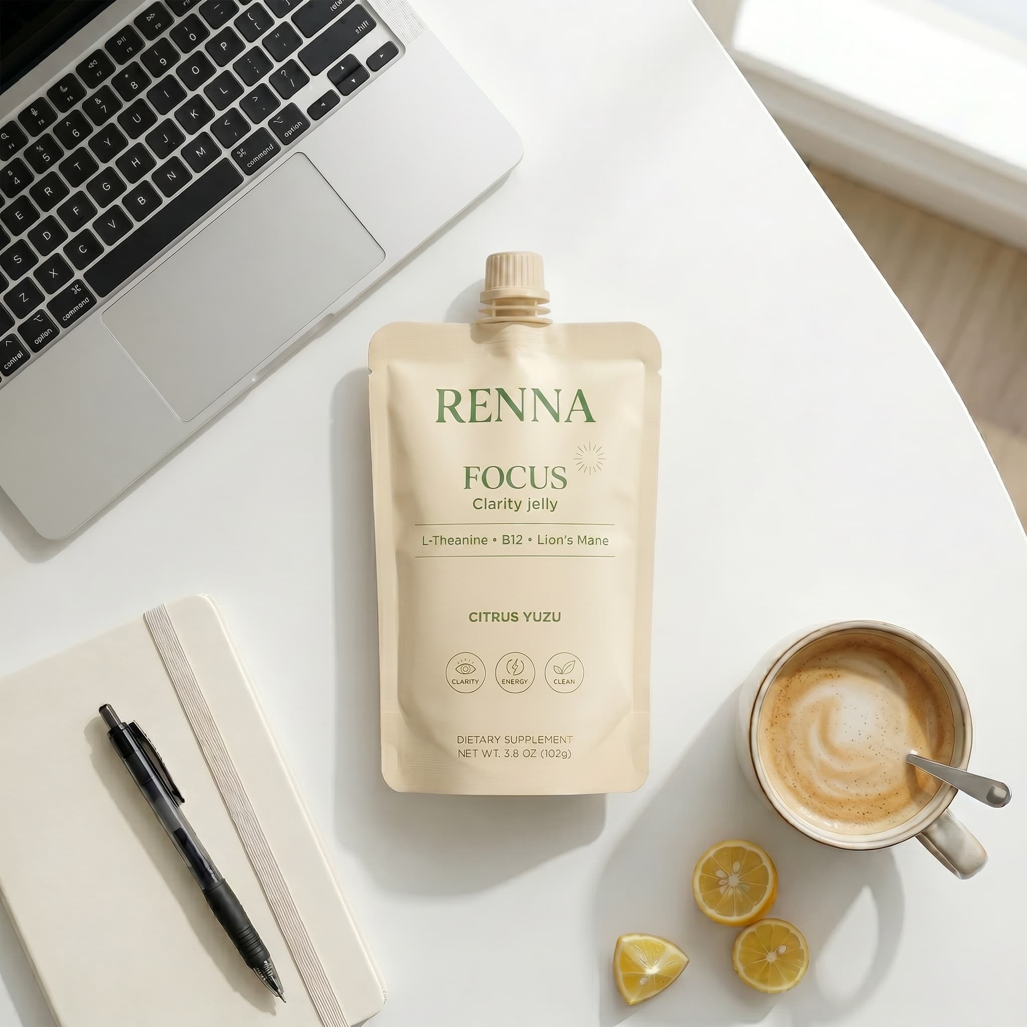 Renna Focus jelly pouch on a clean desk next to a laptop