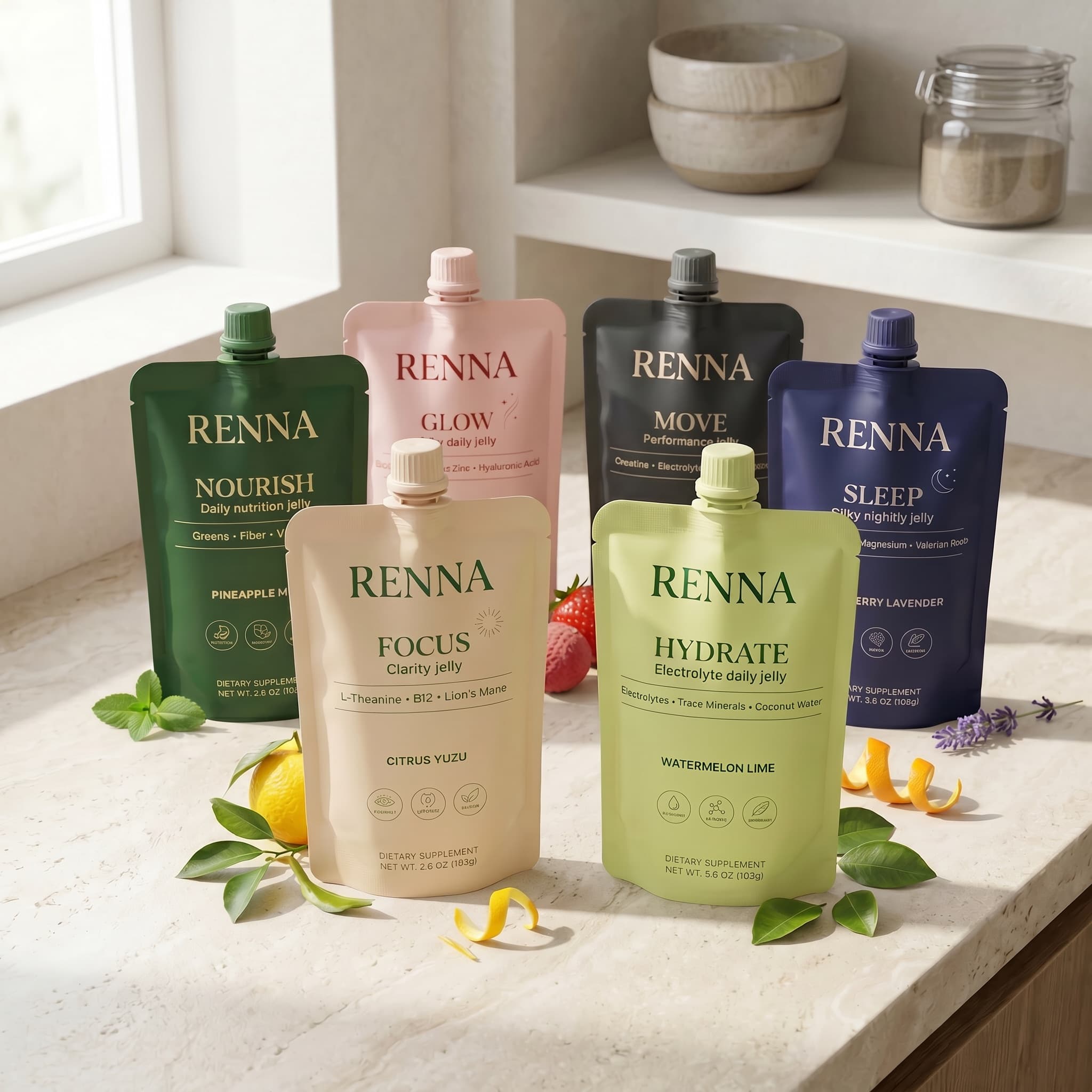 Renna Wellness functional jelly pouch in a lifestyle setting